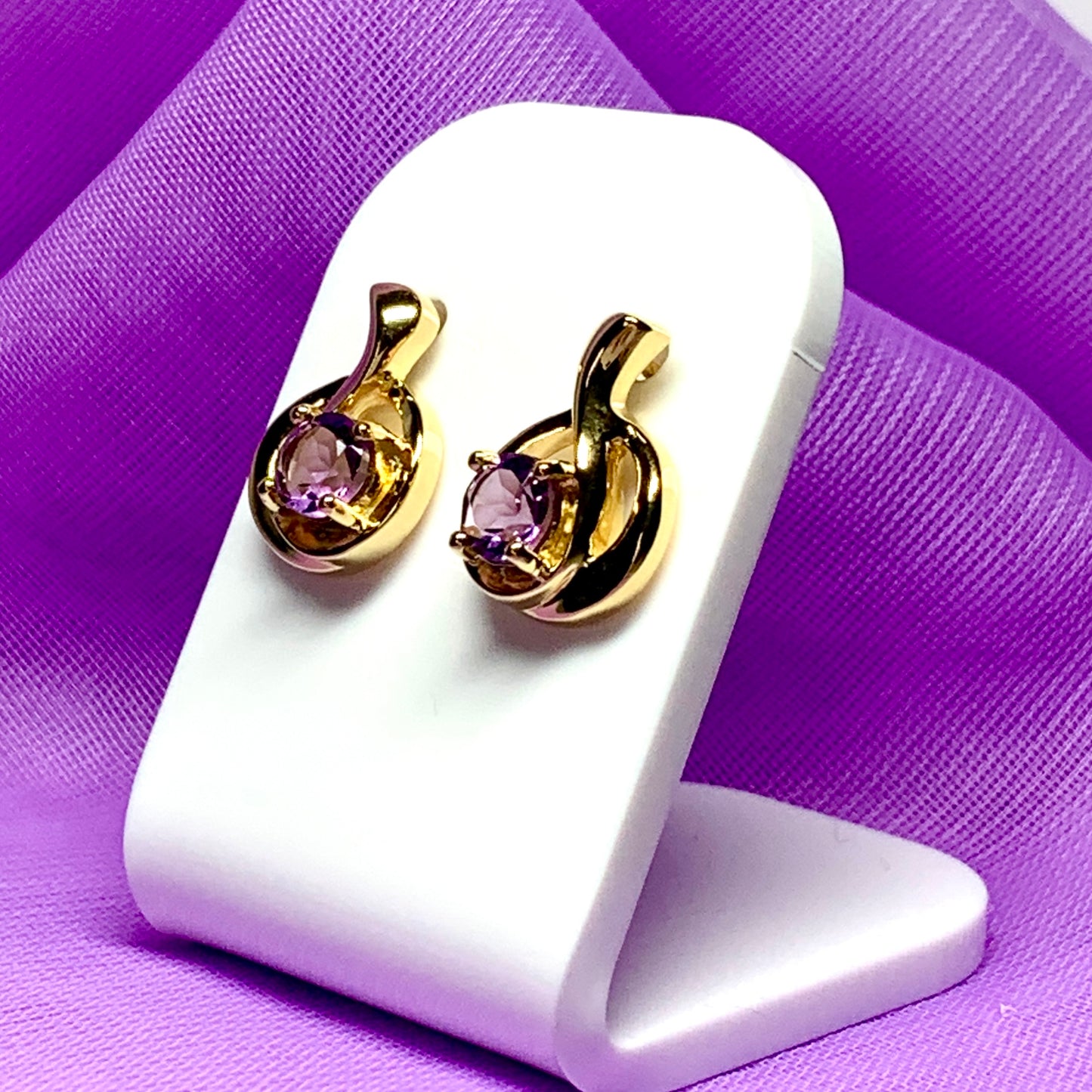 Real amethyst round fancy swirl dropped stud sterling silver gilt gold plated earrings
