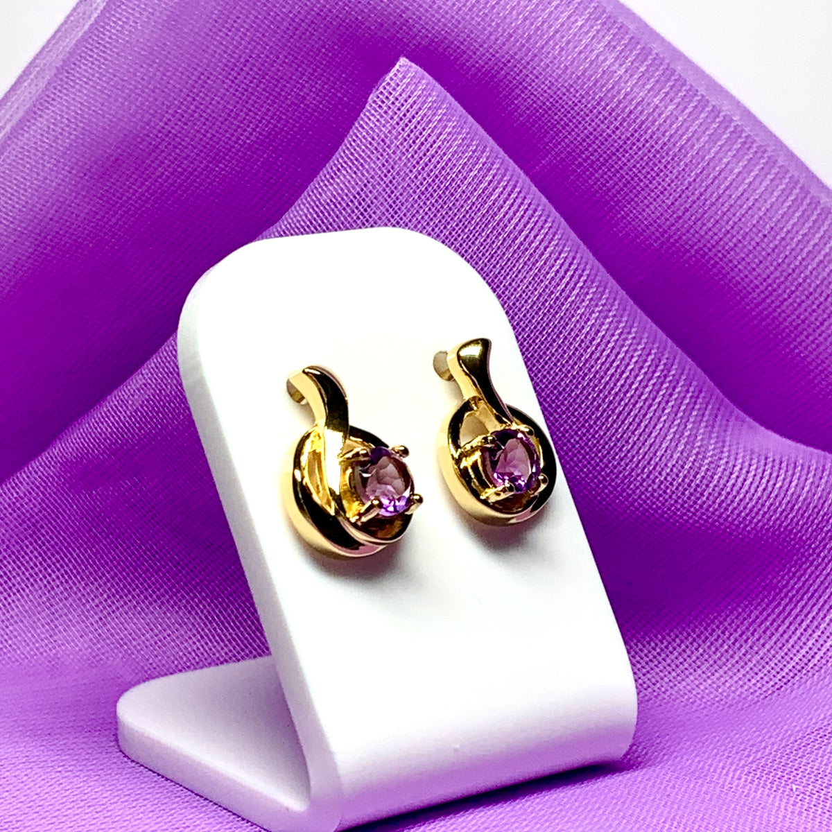 Real amethyst round fancy swirl dropped stud sterling silver gilt gold plated earrings