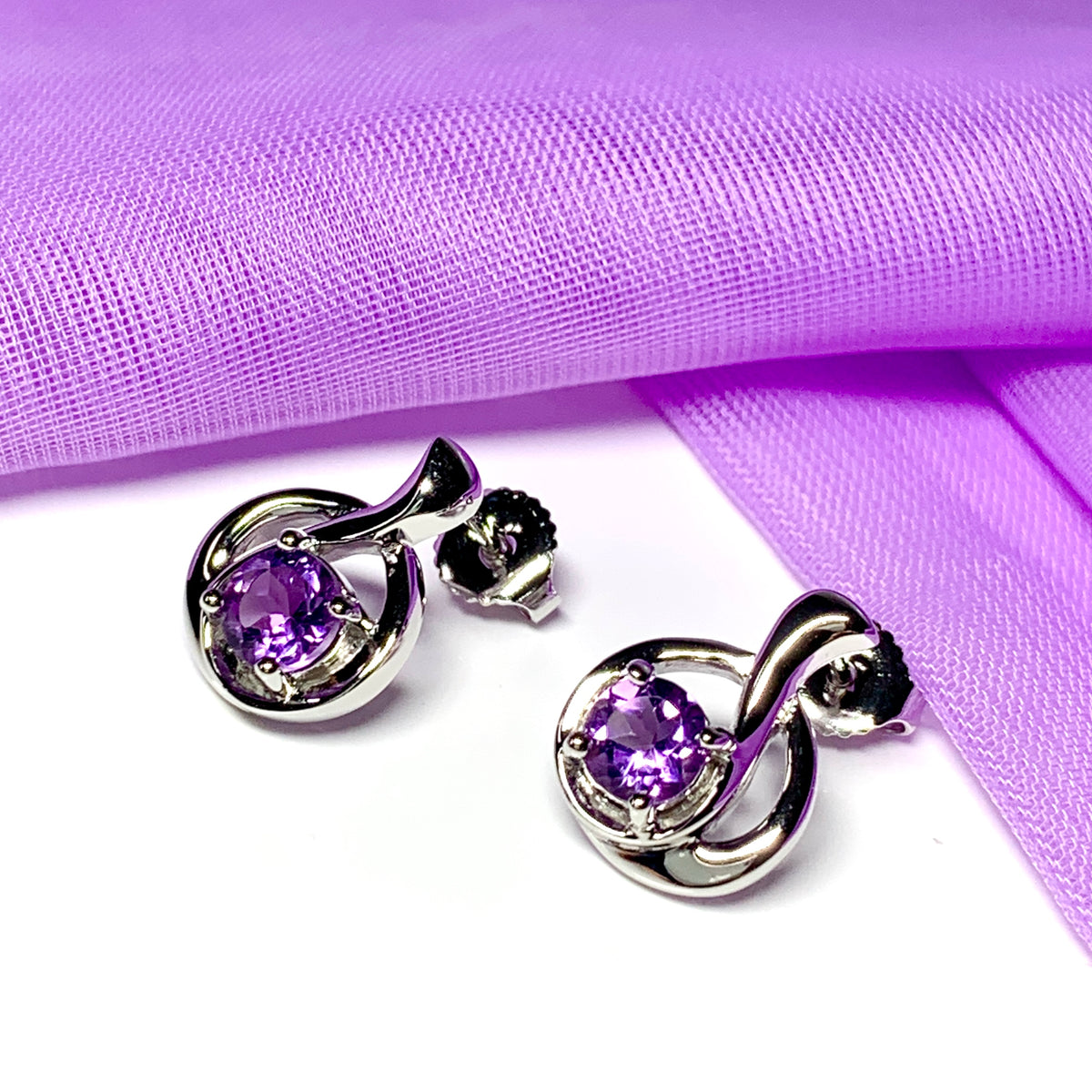 Real amethyst round fancy swirl dropped stud earrings