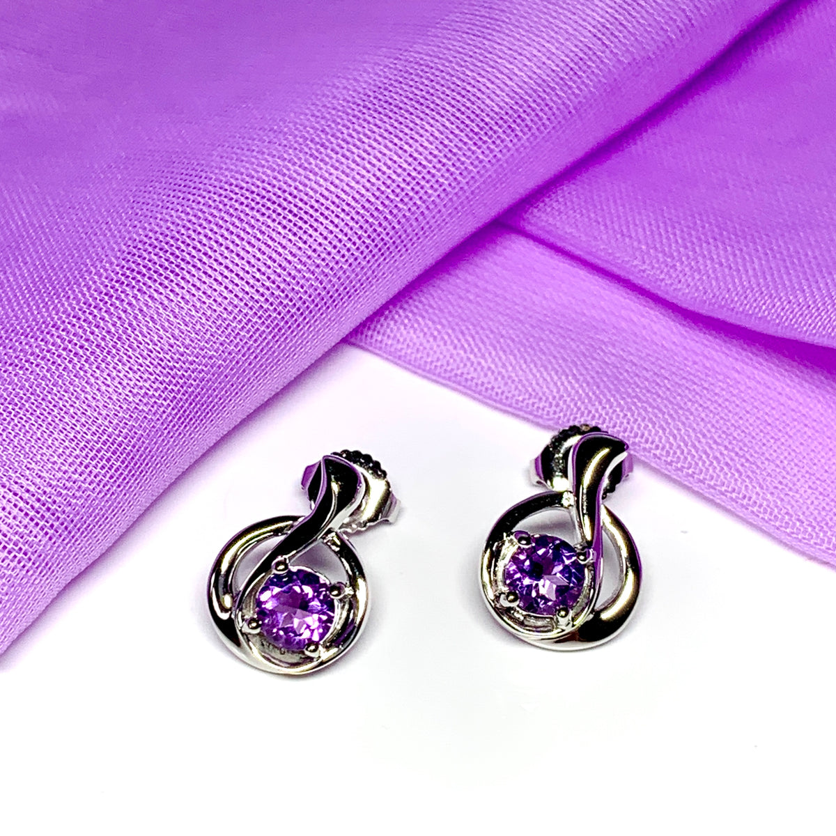 Real amethyst round fancy swirl dropped stud earrings