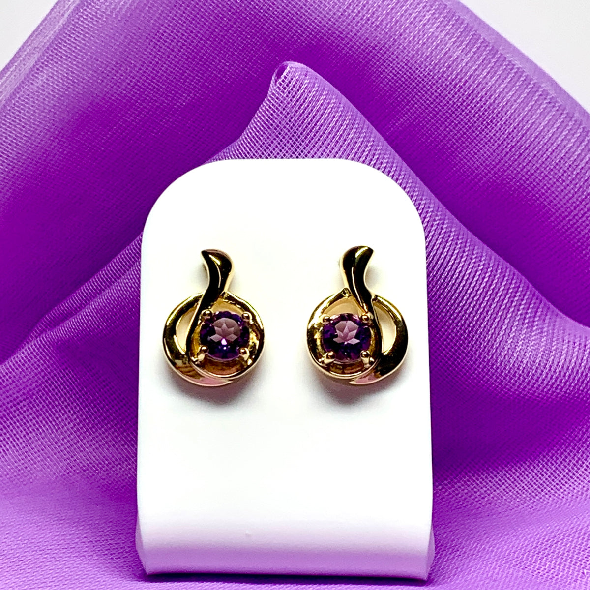 Real amethyst round fancy swirl dropped stud sterling silver gilt gold plated earrings