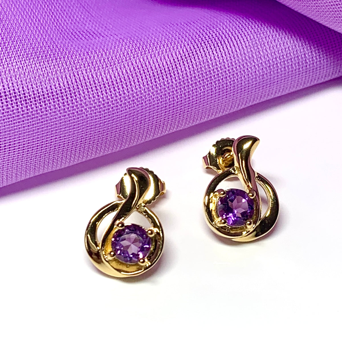 Real amethyst round fancy swirl dropped stud sterling silver gilt gold plated earrings