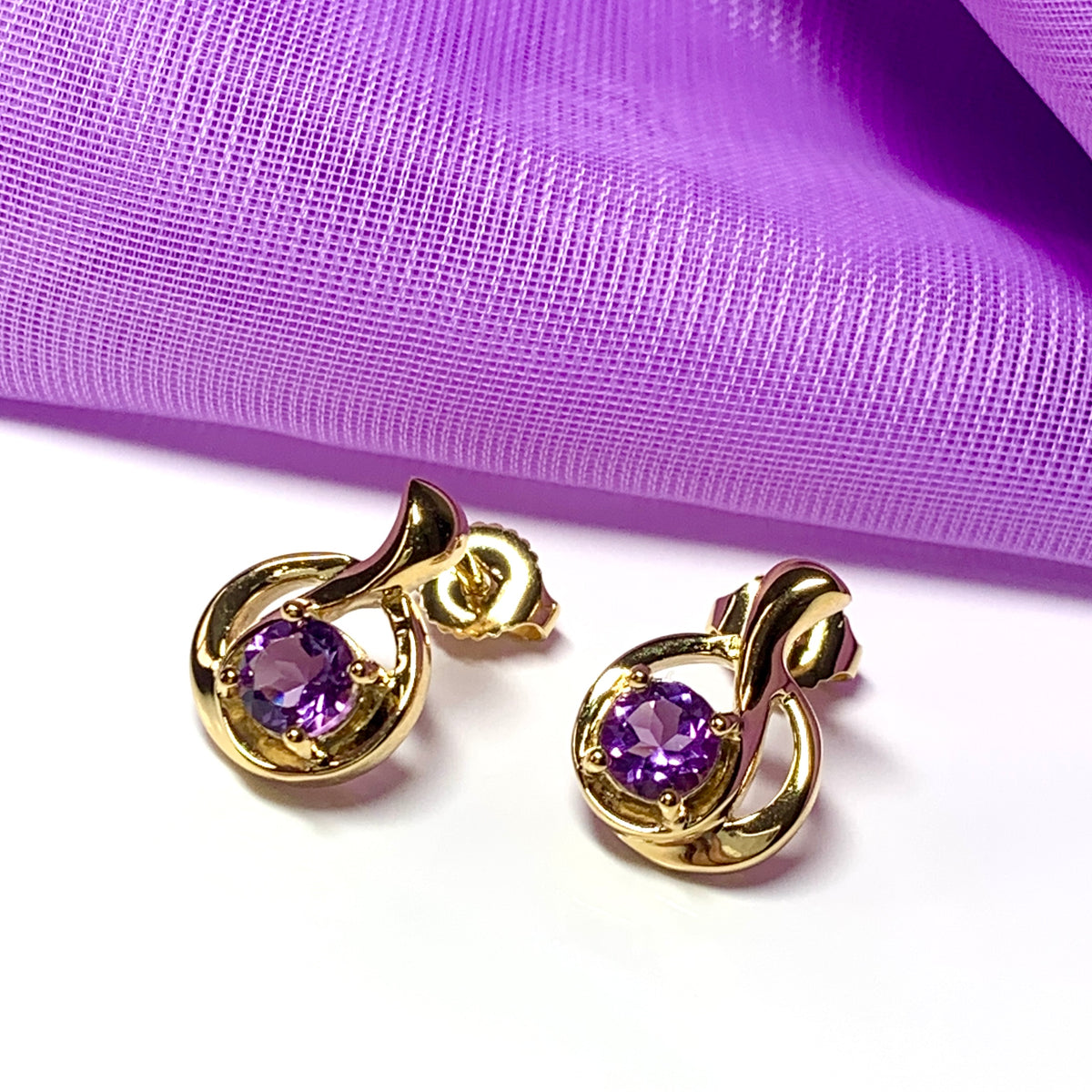Real amethyst round fancy swirl dropped stud sterling silver gilt gold plated earrings