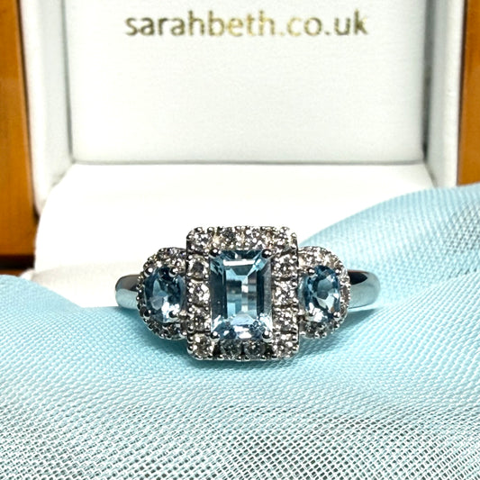 Real aquamarine and diamond trilogy ring white gold square and round dress cocktail