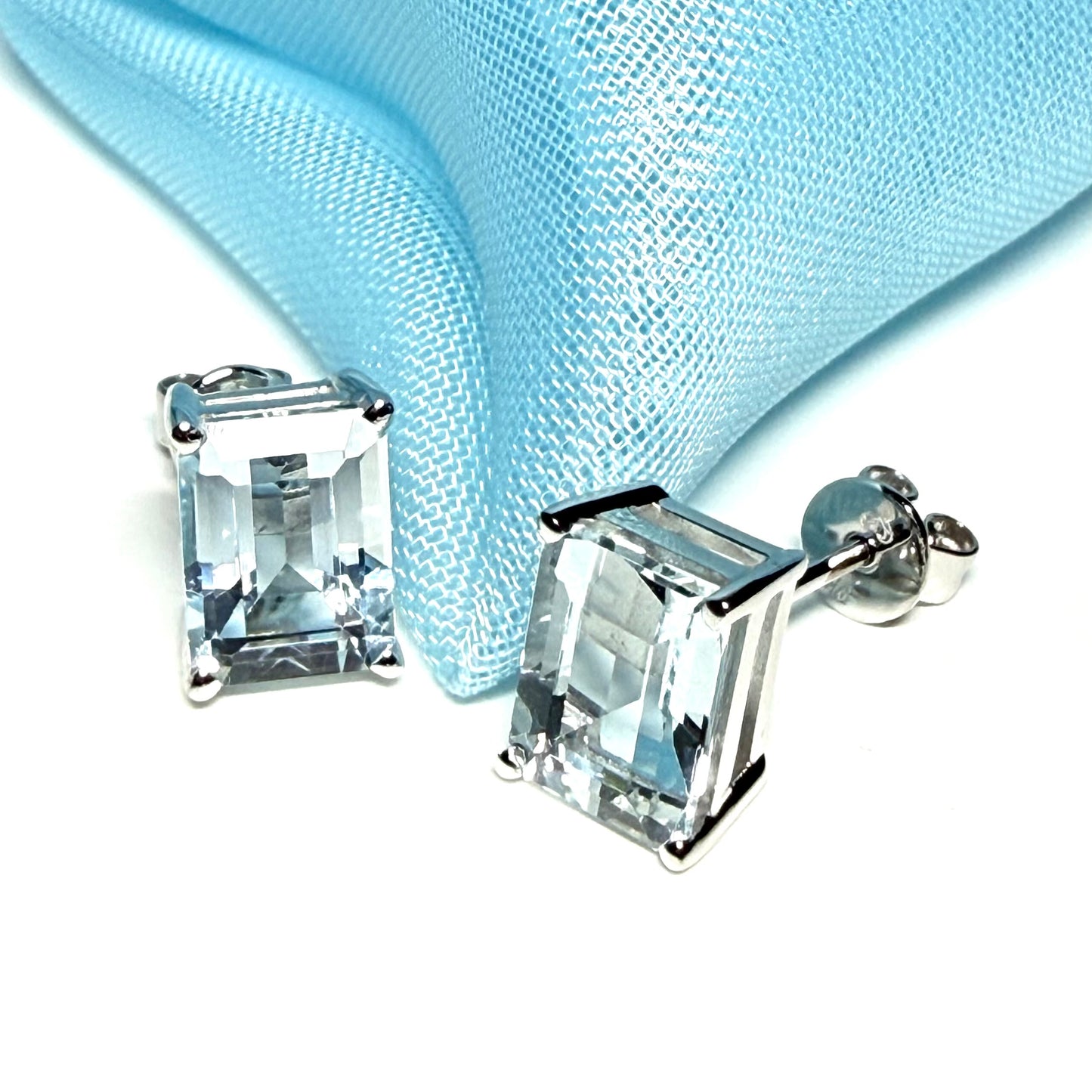 Real aquamarine earrings stud square cut white gold