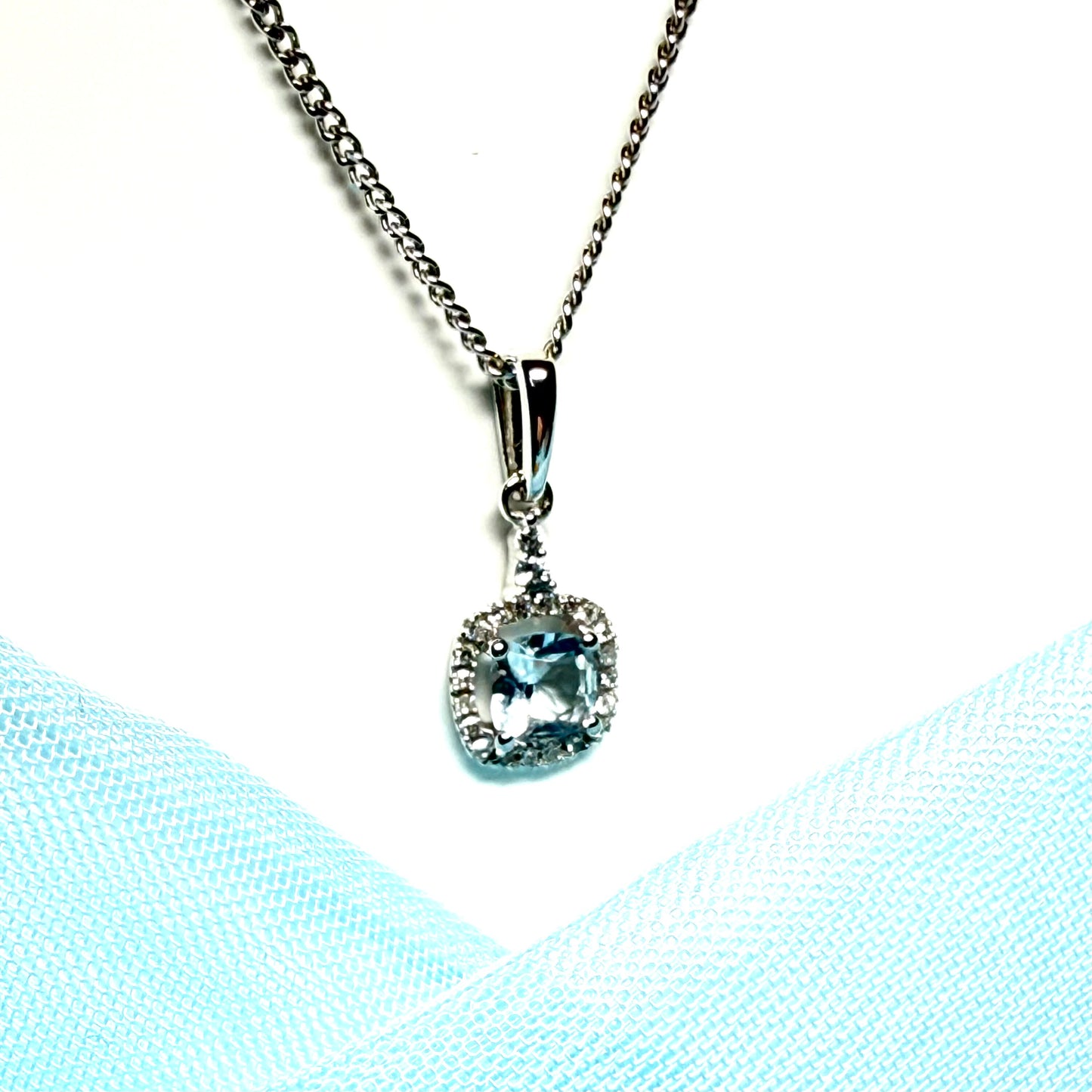 Real aquamarine necklace and diamond square white gold pendant