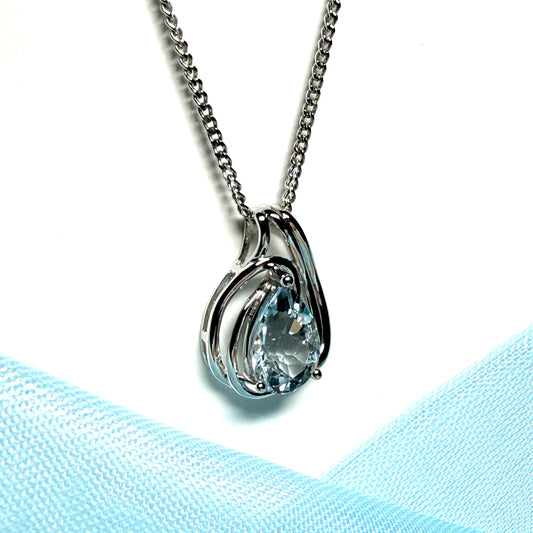 Real aquamarine white gold necklace swirl designed pear shaped stone