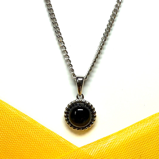 Real black agate necklace round sterling silver patterned bobbled pendant