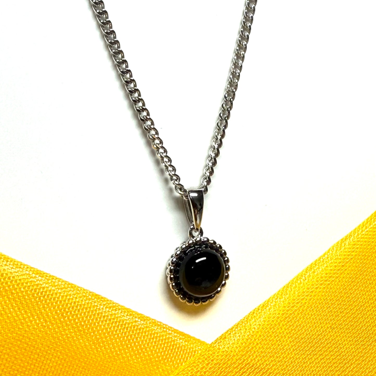 Real black agate necklace round sterling silver patterned bobbled pendant