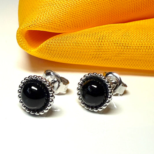 Real black agate round sterling silver patterned bobbled stud earrings