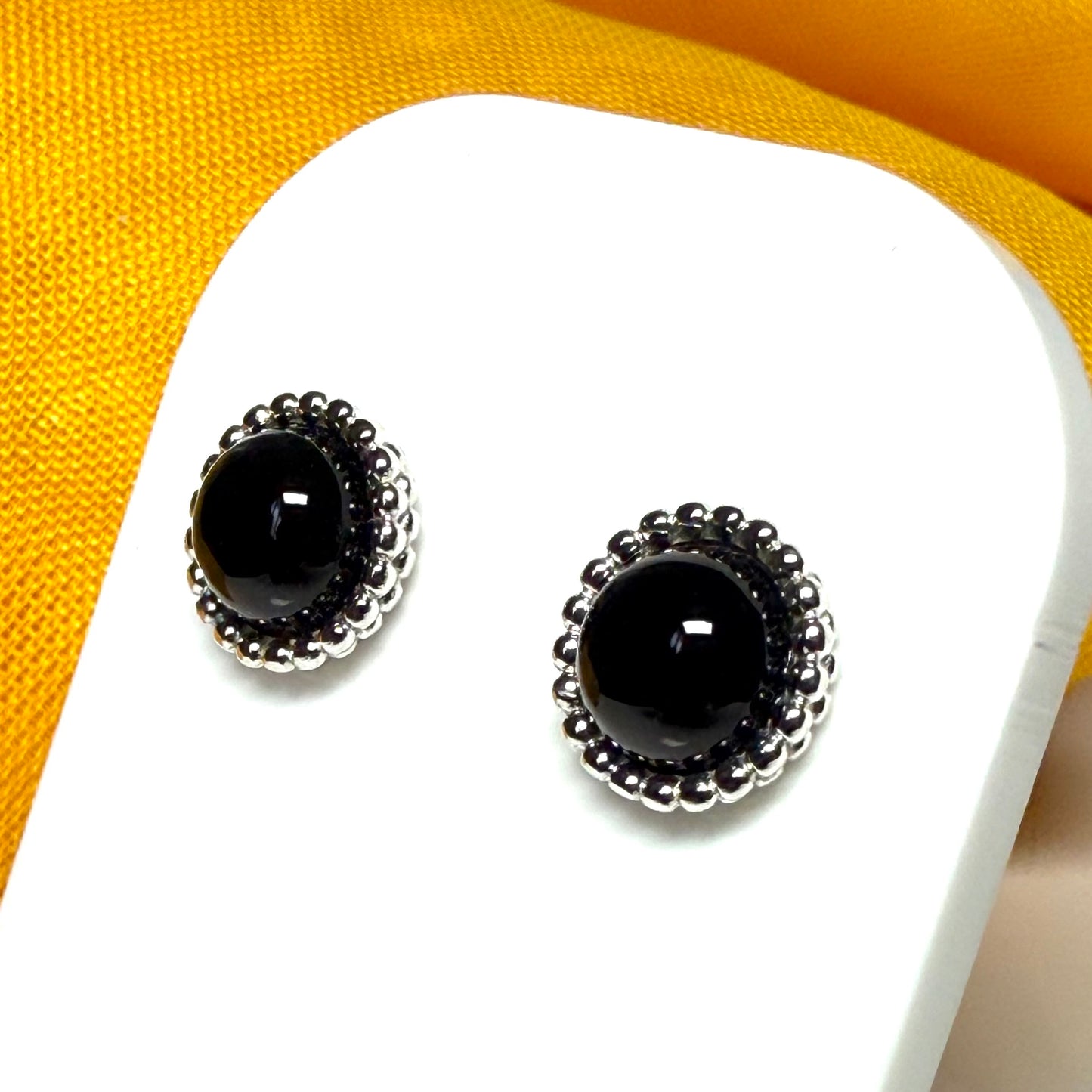 Real black agate round sterling silver patterned bobbled stud earrings
