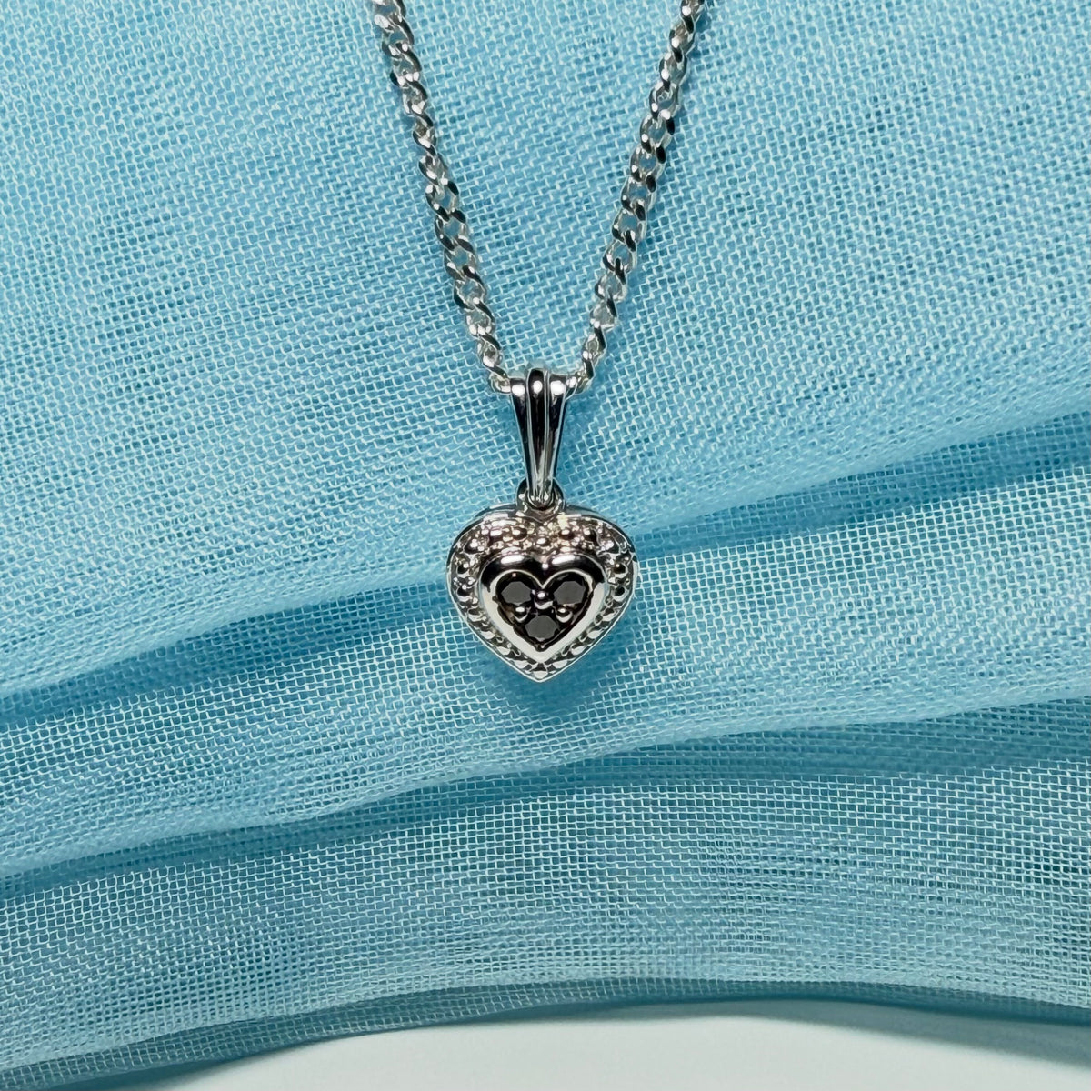 Real black and white diamond heart shaped white gold necklace pendant with chain included