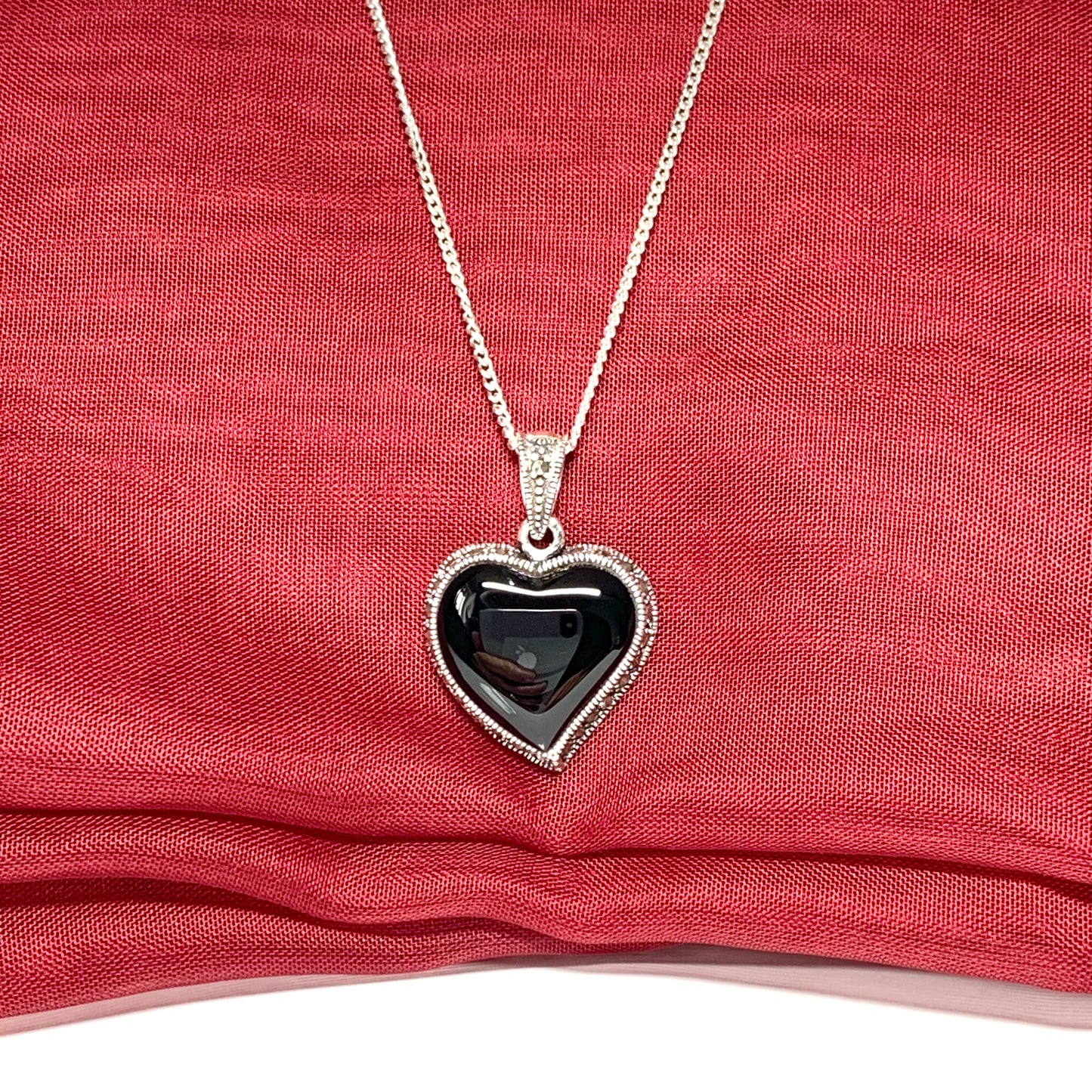 Necklace real black onyx and marcasite heart shaped pendant sterling silver