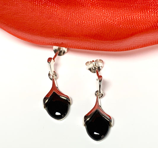 Real black onyx drop earrings marquise shaped sterling silver