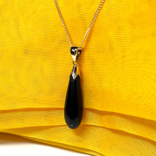 Real black onyx necklace drop shaped pendant yellow gold