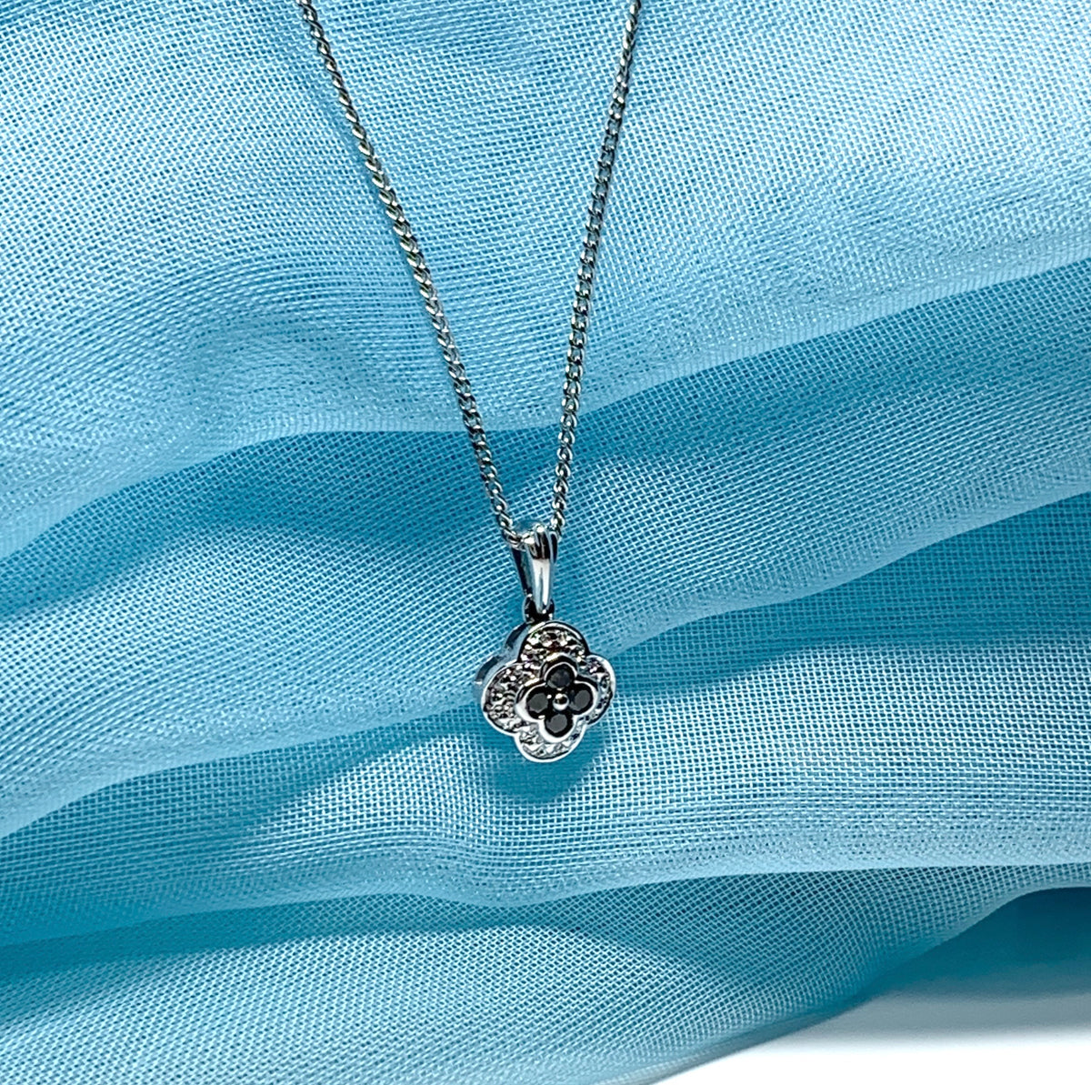 Real black and white diamond white gold cluster necklace pendant