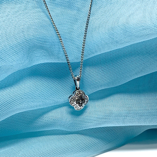 Real black and white diamond white gold cluster necklace pendant