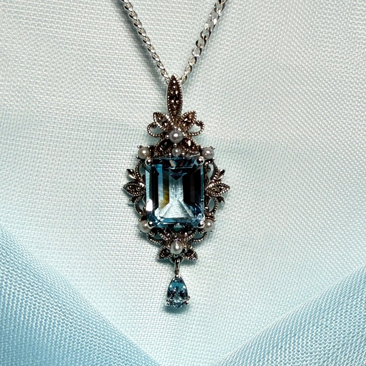 Real blue topaz and real freshwater pearl necklace pendant with real marcasite stones