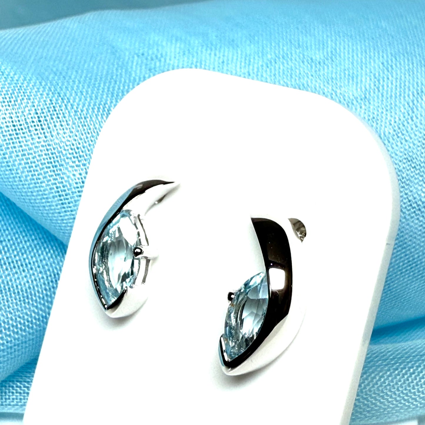 Real blue topaz earrings fancy stud swirl marquise shape