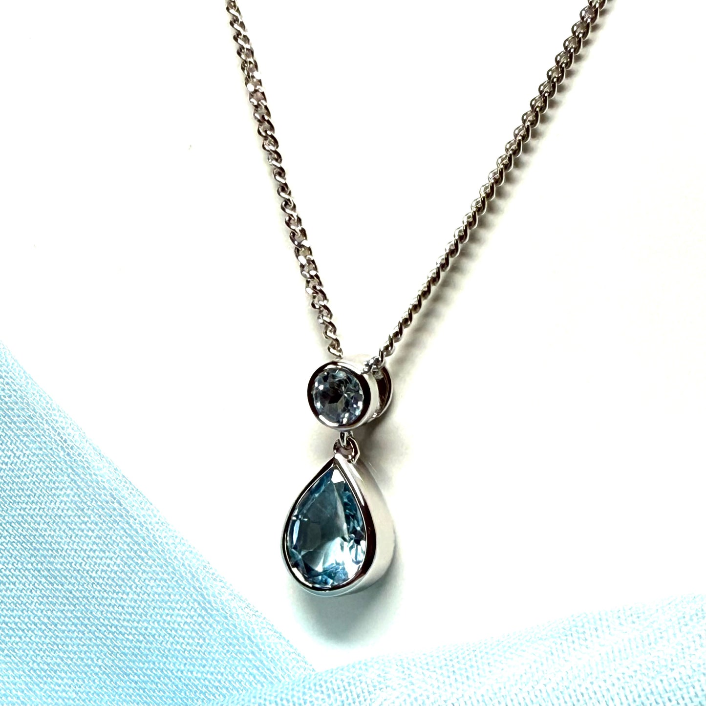 Real blue topaz necklace double round and pear teardrop fancy sterling silver pendant