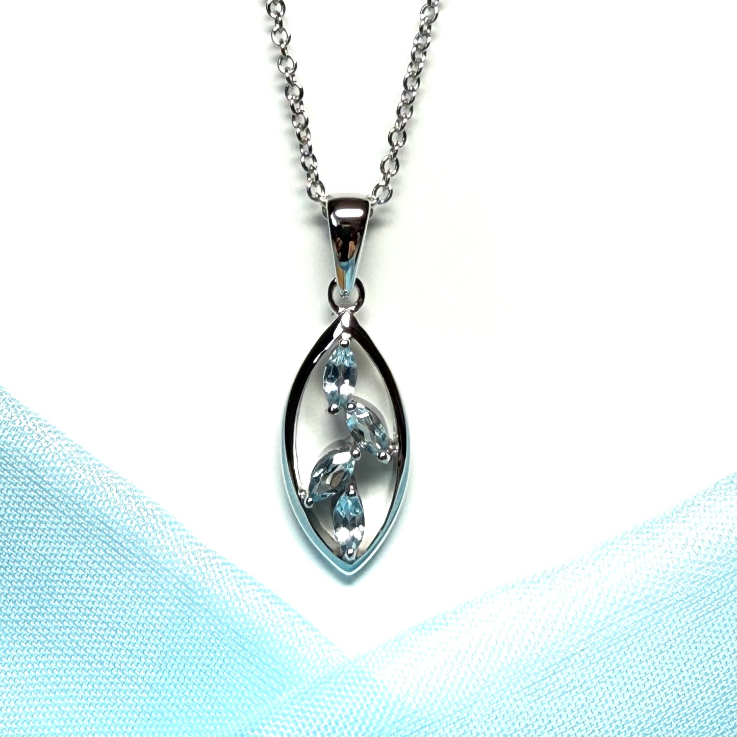 Real blue topaz necklace pendant marquise shaped sterling silver