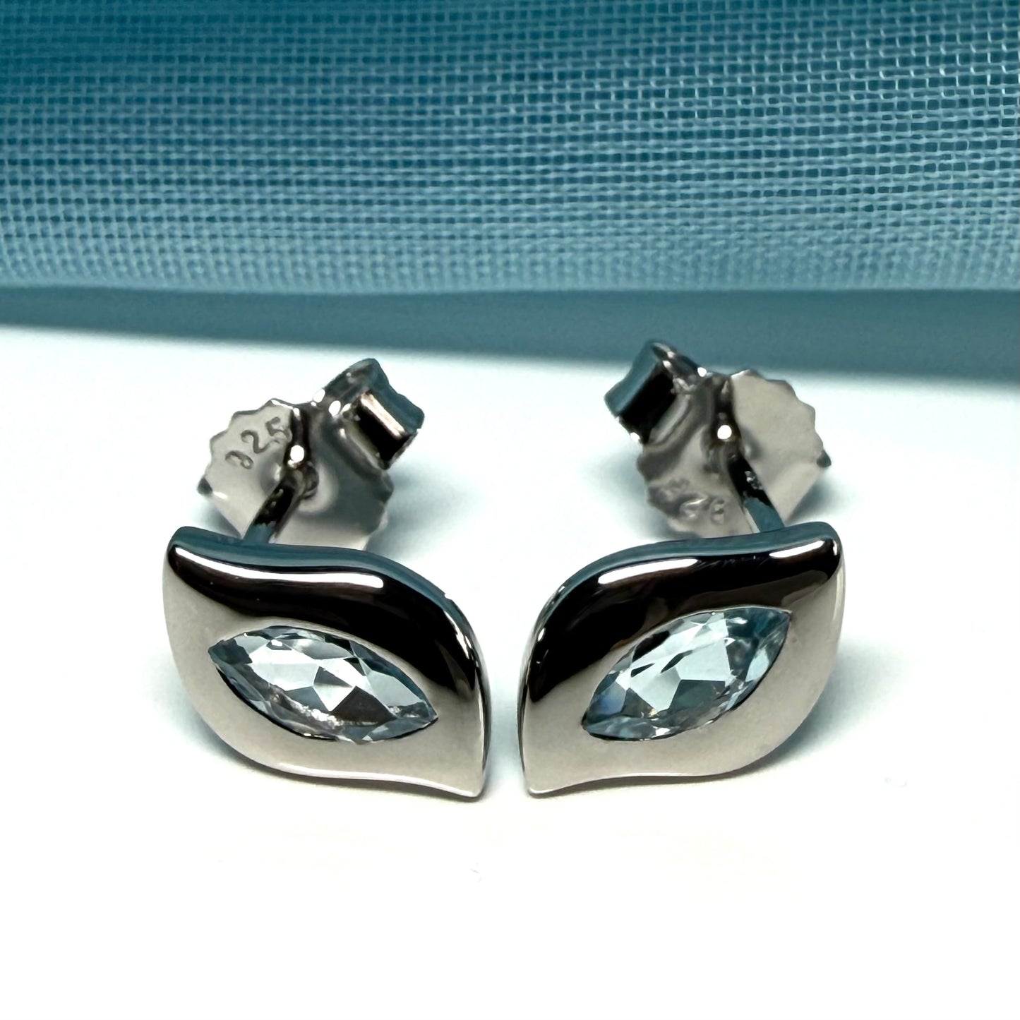 Real blue topaz petite pair of earrings fancy marquise shaped stones