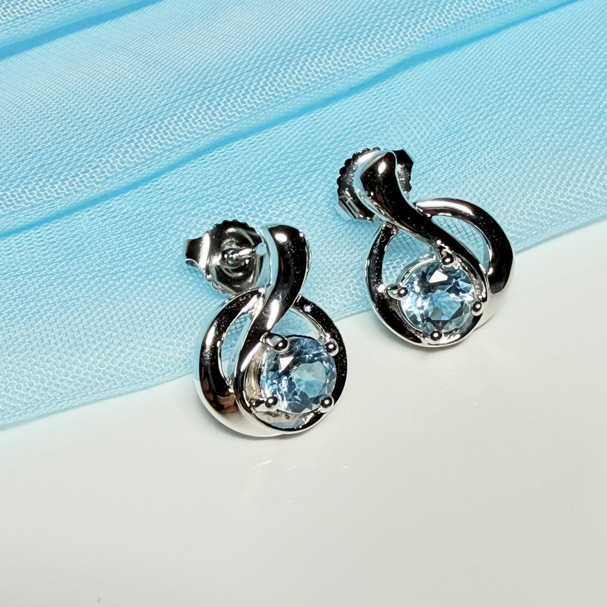 Real blue topaz stud drop earrings fancy round twisted swirl designed