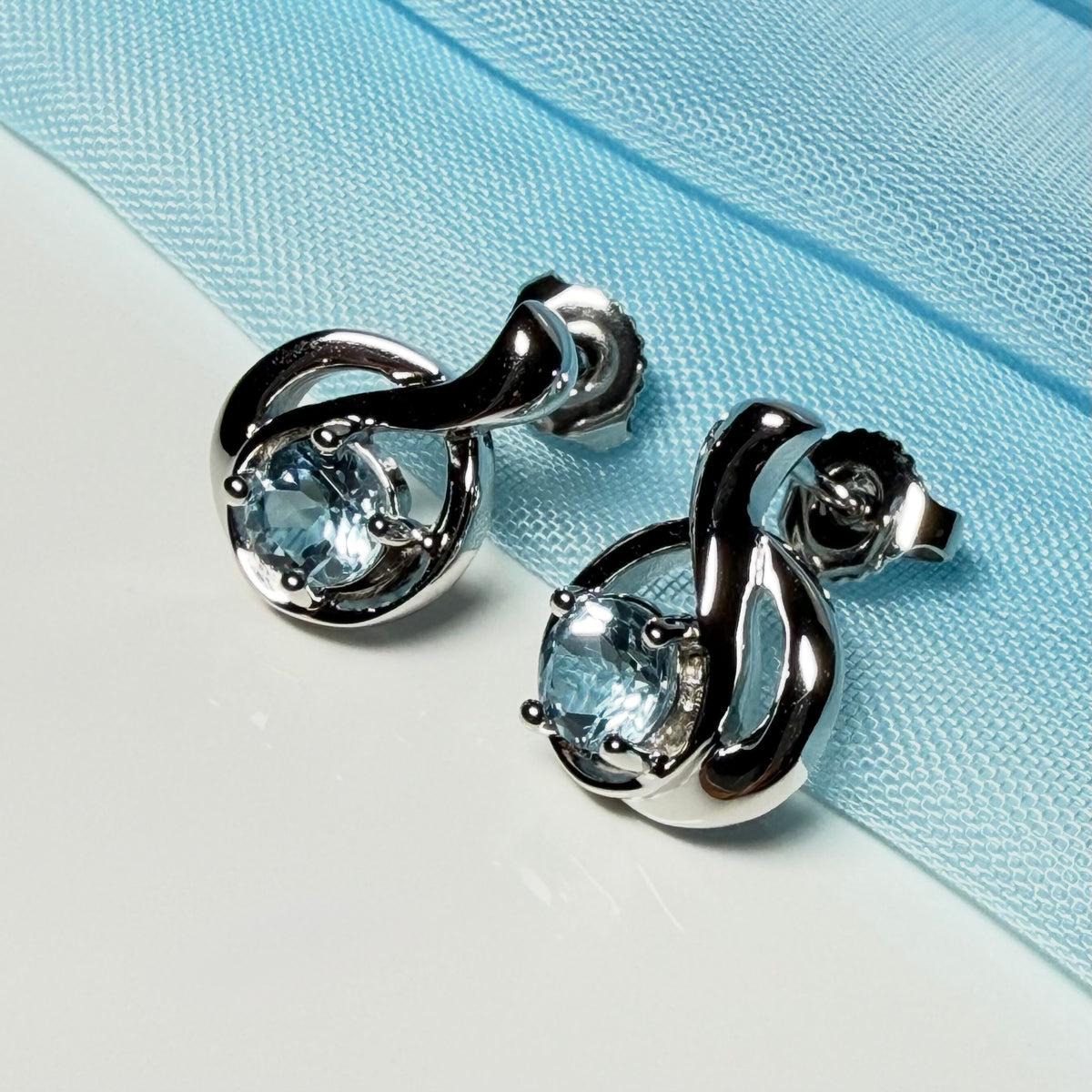 Real blue topaz stud drop earrings fancy round twisted swirl designed