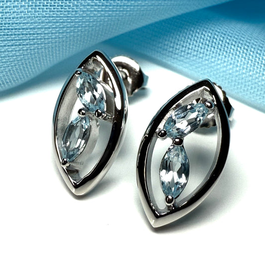 Real blue topaz stud earrings marquise shaped sterling silver