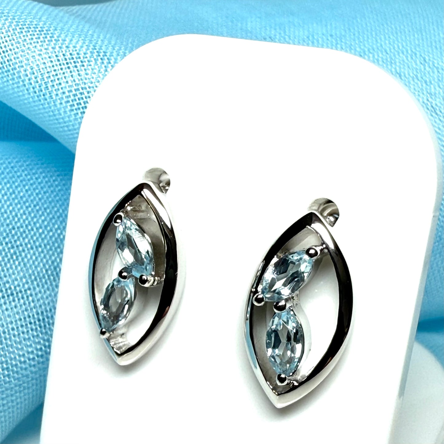 Real blue topaz stud earrings marquise shaped sterling silver