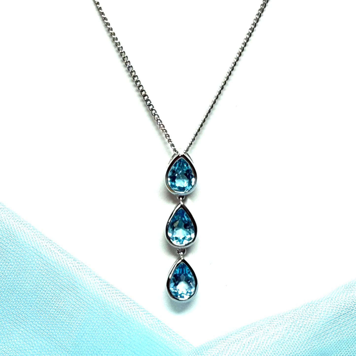 Real blue topaz triple necklace pear shaped white gold teardrop pendant