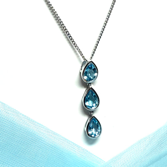 Real blue topaz triple necklace pear shaped white gold teardrop pendant