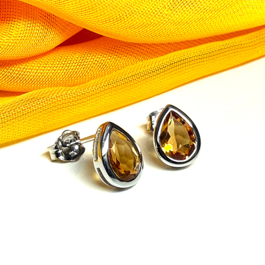 Real citrine earrings fancy stud swirl pear teardrop shape white gold