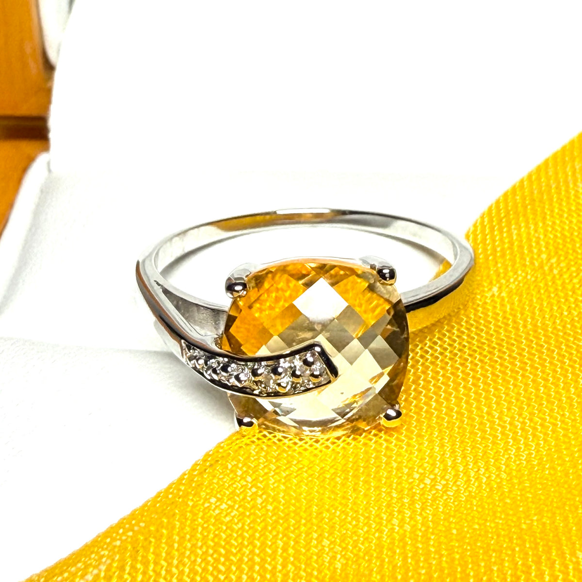 Real citrine ring fancy cushion shaped diamond set swirl sterling silver