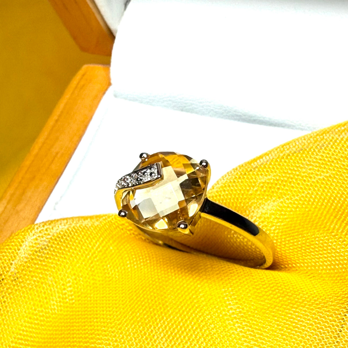 Real citrine ring fancy cushion shaped diamond set swirl sterling silver