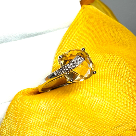 Real citrine ring fancy cushion shaped diamond set swirl sterling silver