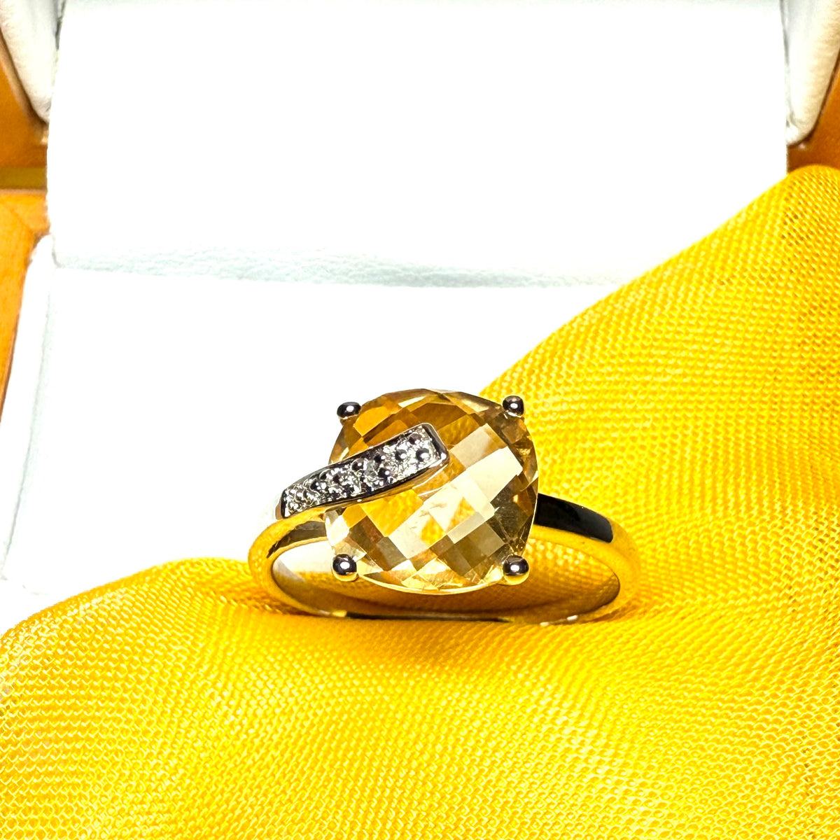 Real citrine ring fancy cushion shaped diamond set swirl sterling silver