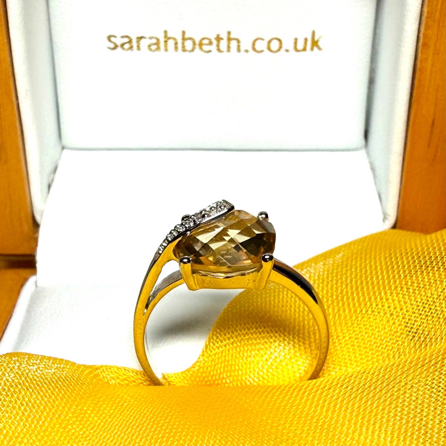 Real citrine ring fancy cushion shaped diamond set swirl sterling silver