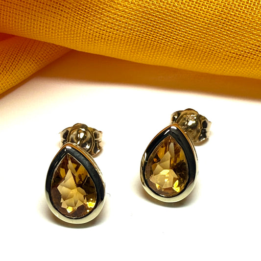 Real citrine stud earrings pear shaped yellow gold plated sterling silver teardrop