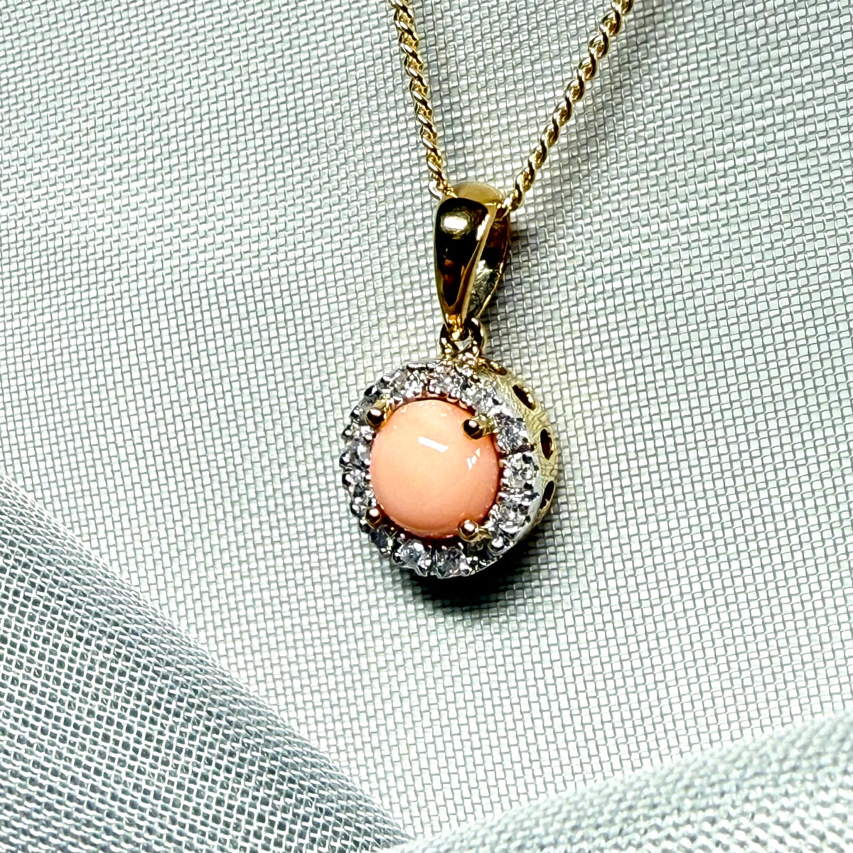 Real coral necklace with real diamond yellow gold round cluster pendant