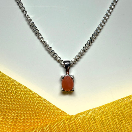 Real coral white gold oval necklace pendant with chain