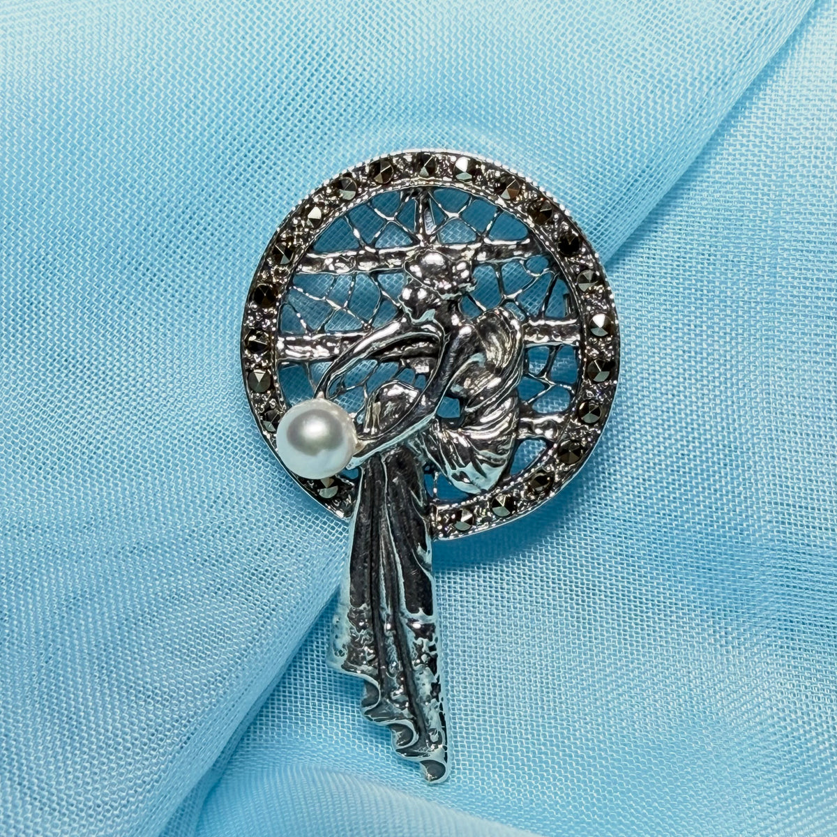 Real cultured freshwater pearl and real marcasite sterling silver brooch lady sitting