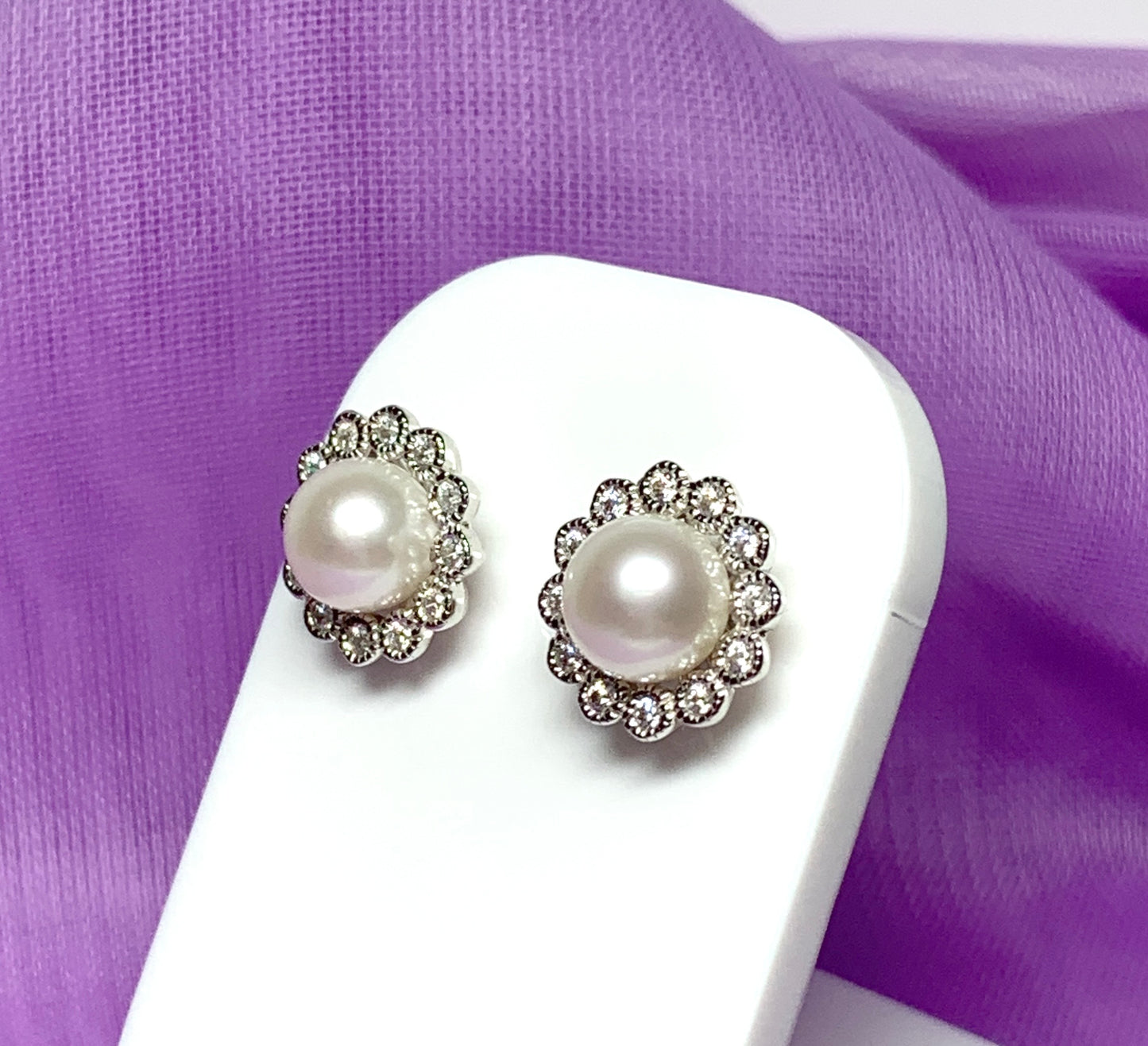 Real cultured pearl and cubic zirconia round cluster stud earrings sterling silver