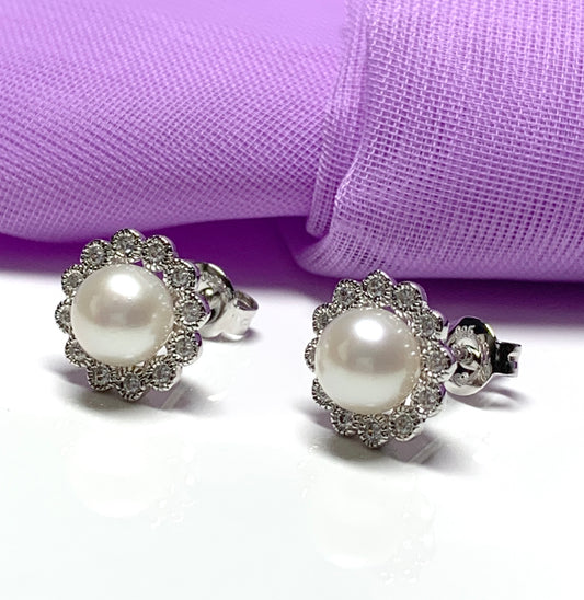 Real cultured pearl and cubic zirconia round cluster stud earrings sterling silver