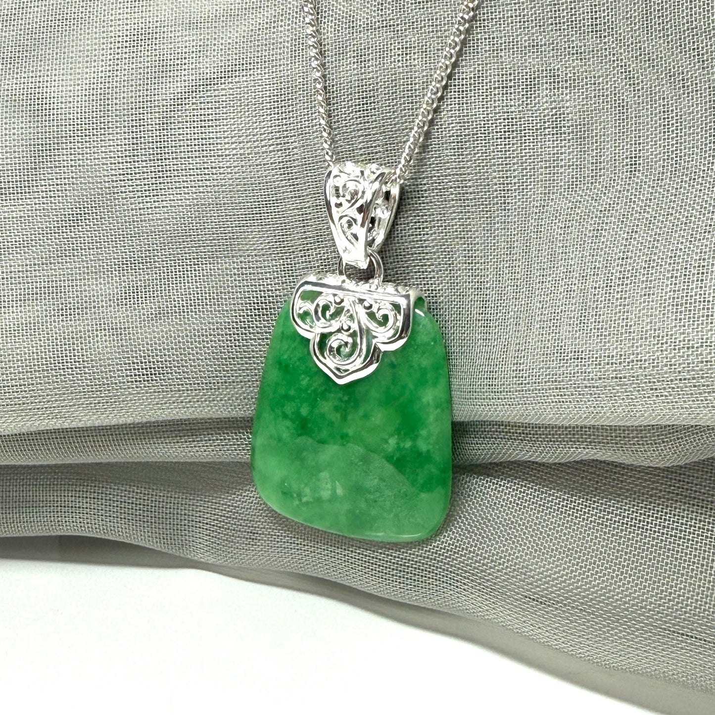 Real dark green jade necklace large cushion shaped with a solid silver curb chain included sterling silver