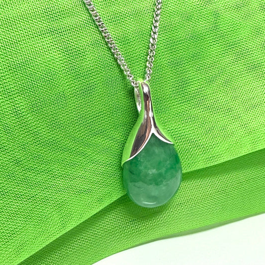 Real dark green jade necklace tear drop sterling silver pear shape pendant, including a chain