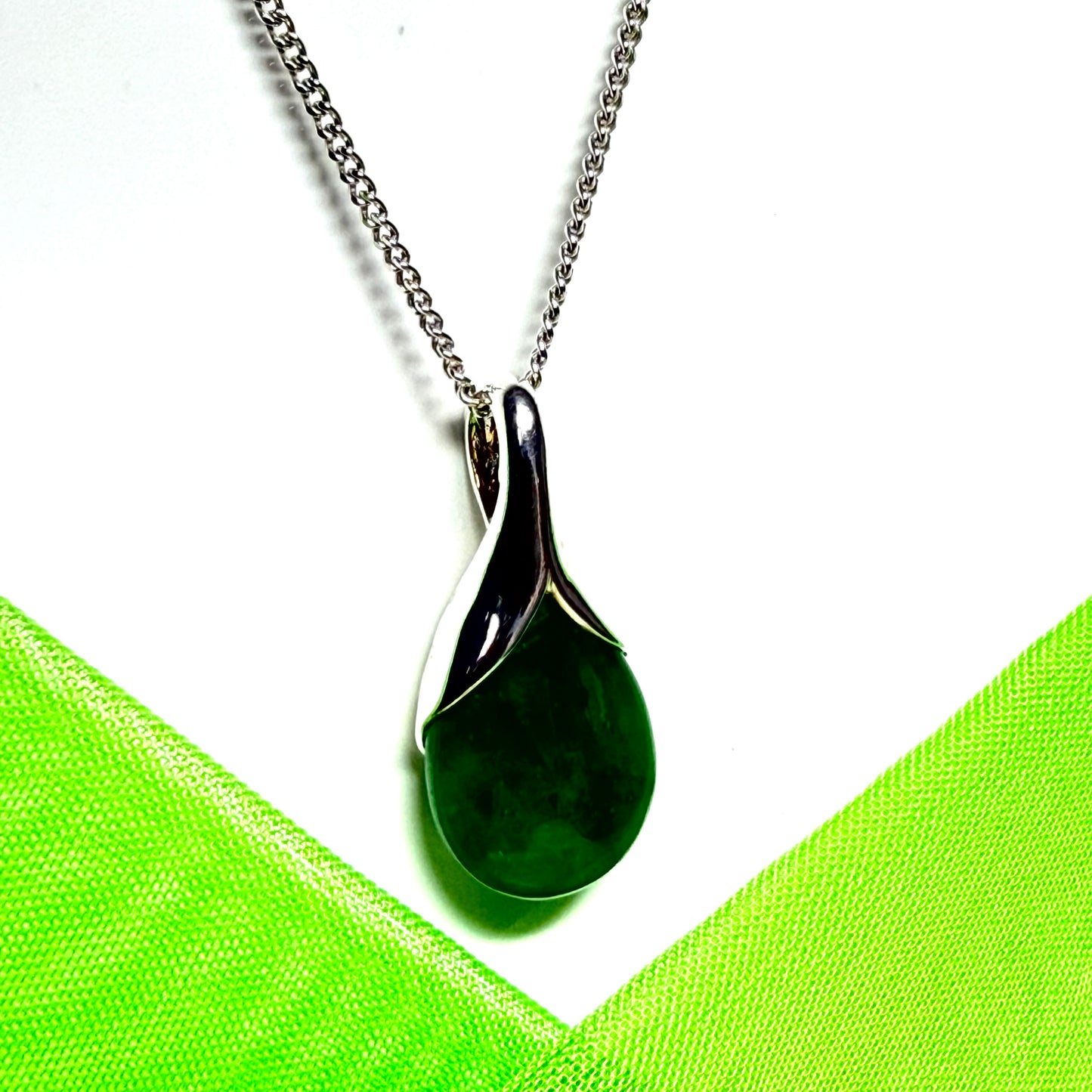 Real dark green jade tear drop sterling silver pear shaped pendant