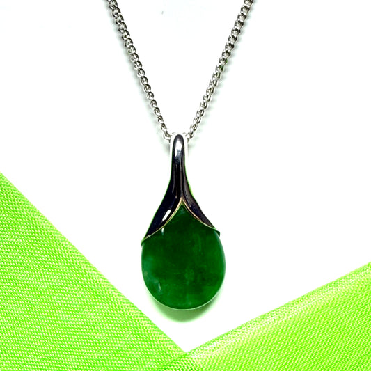 Real dark green jade tear drop sterling silver pear shaped pendant