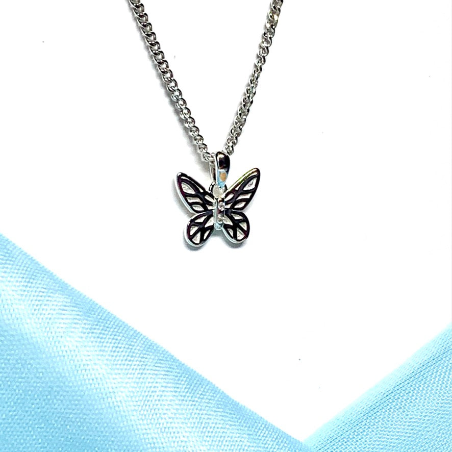 Real diamond set small butterfly necklace sterling silver