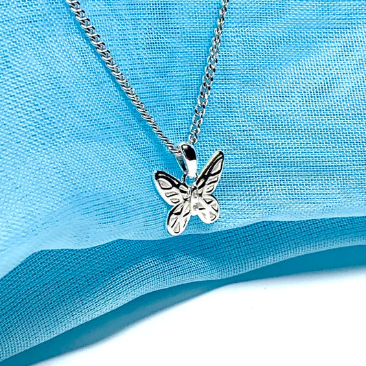 Real diamond set small butterfly necklace sterling silver